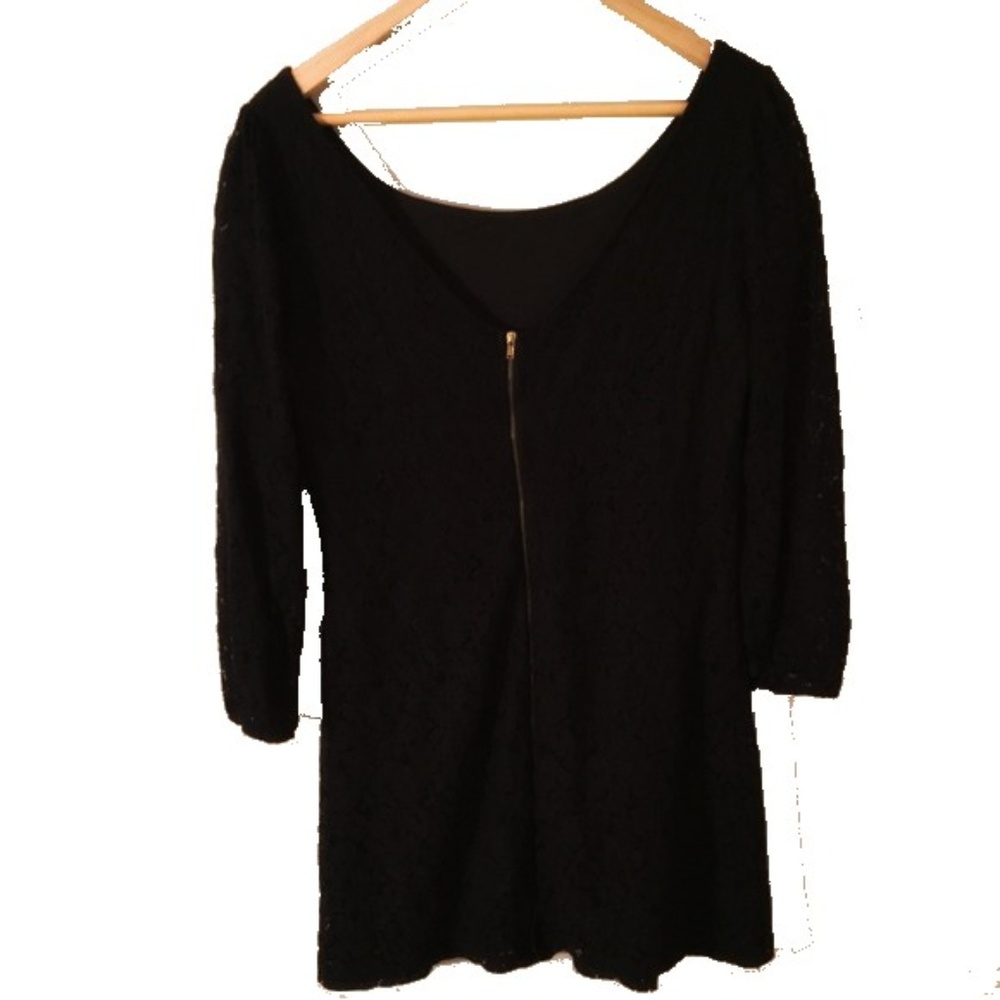 Charming Charlie Lace Mini Dress 3/4 Sleeve Black LBD Exposed Zipper Medium